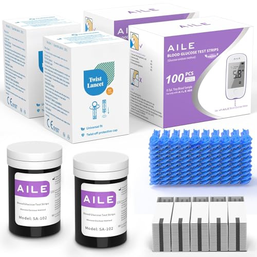 AILE Blood Glucose Test Strips for Diabetics: AILE Blood Sugar Test Strips 100 PCS - 100 Lancets for Home Use - Only Use with A608 A601 A606 A616 W33 Blood Glucose Monitor