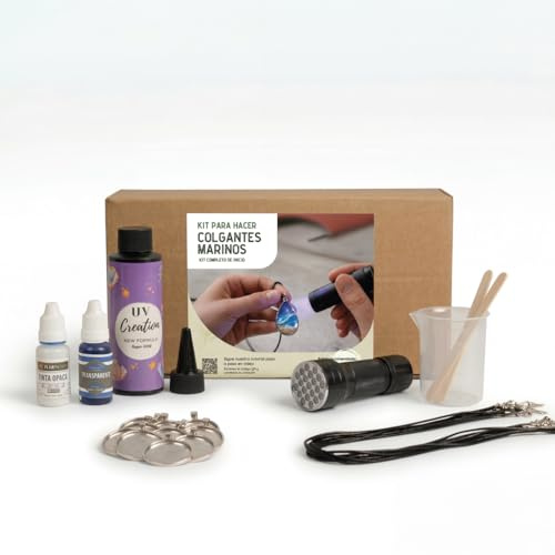 RESIN PRO - Kit Resina UV - Joyería Efecto Marino | Incluye resina UV 100 ml, bases metálicas, cordones, tintes, arena decorativa, linterna UV con pilas. Con Instrucciones.
