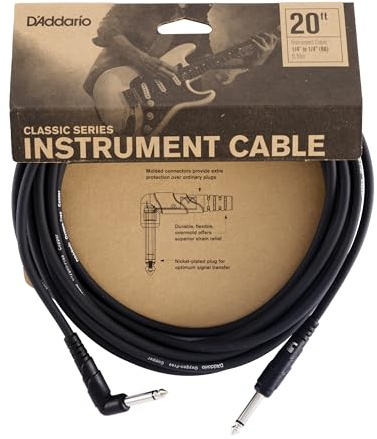 D’Addario Accessories Classic Series Guitar Cable - Instrument Cord with ¼ Inch Ends - Durable & Reliable - Bass or Guitar Cord - Right Angle - 20 feet