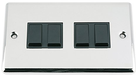 Light Switch 4 Gang - Polished Chrome - Classic - Black Insert Plastic Switch - 10 Amp Quad 4 Gang 2 Way