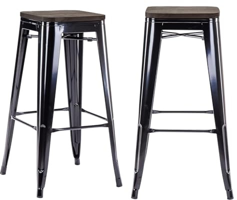 Duhome Sgabello Bar Industriale Esterno, Set di Sgabelli Bar Alto in Metallo, Impilabile Sgabelli da Pranzo, Scandinavian Sgabello Alta per Cucina, Pranzo, Pub, Moderni (Nero+Legno, 76cm-2PCS)