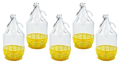 WYSKONT Enghals Balloon Bottle Wine Bottle with Swing Top and Basket for Storage of Fermentation Drinks, Clear Glass, Airtight, 5 Pack x 5 Litres