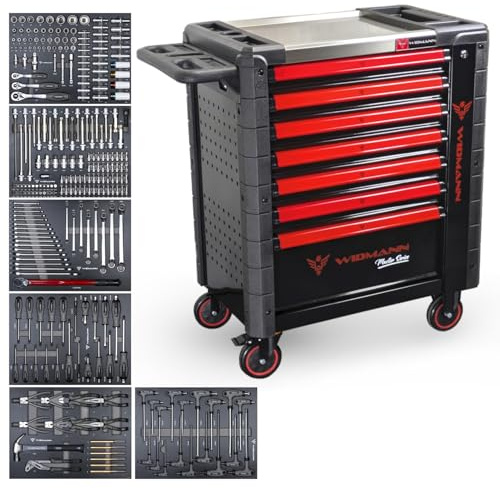 WIDMANN Tool Trolley Cabinet with 303pcs Tools Steel Workshop Storage Chest Carrier ToolBox (WM-C2-6RE) (Red)