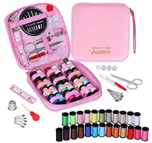 Pink Sewing Kit, AUERVO Mini Basic Sewing Kits with Leather Case Thread and Needles Set for Adults, DIY,Home, Travel & Emergency with Zipper Compact Small Waterproof Durable