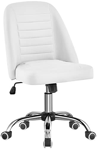 Yaheetech Chaise de Bureau à Dossier Moyen Chaise d'ordinateur en Similicuir à roulettes Base en Métal Chromé Assise Réglable en Hauteur Siège Moderne Blanc