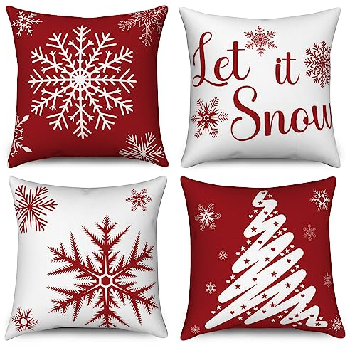 Hnmdmyi Kissenbezug Weihnachten 40x40 4er Set, Rot Schneeflocke Let It Snow Weihnachtsbaum Winter Urlaub Dekorative Kissenbezüge Leinen Kissenhülle für Sofa Couch Bett Garten Outdoor Home Decor