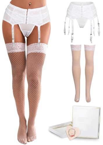 ohyeahlady strumpebandshållare set med stora storlekar, svart, 6 spännband, spetsbälte, nätstrumpor, höga strumpbyxor, Vitt och blått, M/L