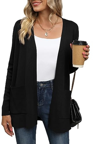 Yommay Strickjacke für Damen Elegante locker lässig leichtes Frauen Herbst Langarm Pullover mit Taschen,Schwarz,XL