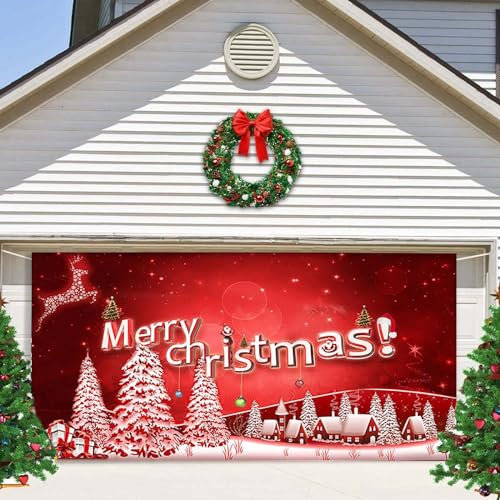 Bannière de Noël pour Porte de Garage, Joyeux Noël Couverture de Décoration de Murale de Porte de Garage de Noël Toile de Fond de Porte de Garage de Noël pour l'Extérieur Fourniture de Fête