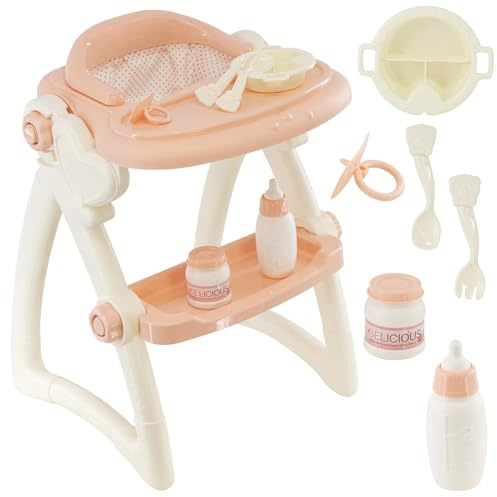 BiBi Doll Baby Doll High Chair with Feeding Set - Peach & Cream Nursery Furniture Toy with Plate, Bottle & Cutlery - Role Play Baby Doll Accessories for Girls & Boys Aged 3+