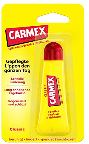 Carmex Classic Tube – Cura delle labbra secche, balsamo per labbra idratante e lenitivo per labbra screpolate, con vaselina, vitamina E e cera d'api – (12 x 10 g)
