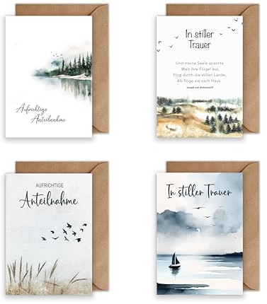 WBdesignz Trauerkarte Set mit Umschlag - 4 Trauerkarten mit Naturmotiven - Kondolenz Karte Beerdigung Aufrichtige Anteilnahme (DIN A6)