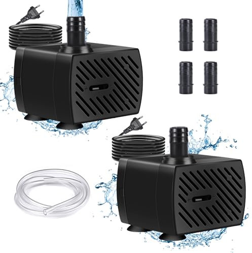2 Pièces Mini Pompe à Eau Réglable (350 L/H, 5 W) - Ultra-Silencieux Submersible avec 2 Buses pour Aquarium, Fontaine Exterieur et étang