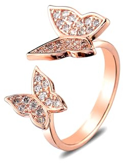 MYANAIL Double Butterfly Ring for Woman Cubic Zirconia Cute Butterfly Adjustable Ring Birthstone Opening Butterfly Finger Ring Fashion Knuckle Statement Ring jewelry (Rose Gold)