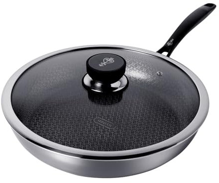 NYORD Edelstahlpfanne - Antihaft, Kratzfest, Pfanne Wabenstruktur, Spülmaschinenfest, Hybrid Bratpfanne, Keramik Beschichtung, PTFE & PFOA frei, Ofenfest, für Induktion, Gas & Ceran, mit Deckel - 24cm
