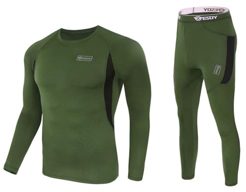 Ensemble-sous-Vetement-Thermique-Homme-Polaire-Homme-Haut-Thermique-Homme-Legging-Homme-Sport-Automne-Hiver-Tee-Shirt-Manche-Longue-Homme-Collant-Homme (Vert armée, XL)