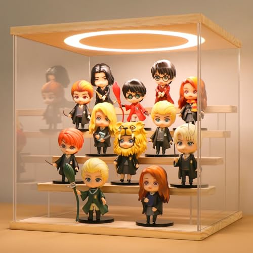 Huijintao Vitrine Acrylique, Vitrine pour Collection, Vitrine Figurine, Vitrine en Verre pour modèles, Figurines, Objets de Collection, avec éclairage LED, 5 étages, Couleur du Bois (30x28x30 cm)