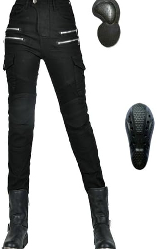 duzhengzhou Damen Slim Fit Motorrad Jeans Mit Protektoren Knie Und Hüftprotektoren Stretch Slim Fit Denim Motorradhose Cargo Motorradjeans Schutzhose Biker Pants(Black,2XL)