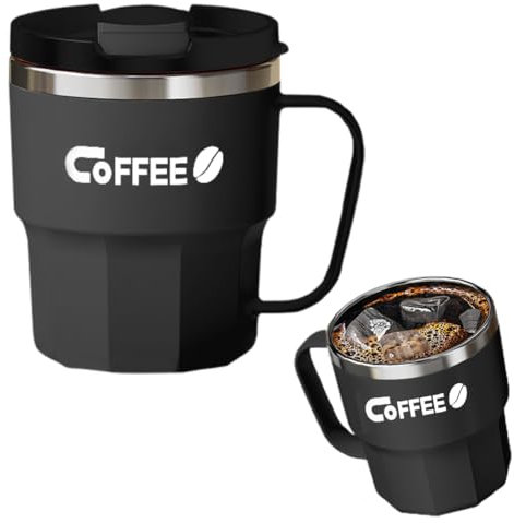 LOMUG Thermobecher, Kaffeebecher to Go 400ML, Kaffeebecher mit Auslaufsicherem Deckel, Edelstahl Camping Becher, Thermobecher mit Henkel, für Tee Kaffee Heißes Kaltes Wasser, Schwarz (Schwarz)