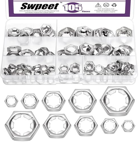 Swpeet Lot de 105 écrous de verrouillage en acier inoxydable 304 5 tailles M6 M8 M10 M12 M14 Assortiment d'écrous poussoirs à dents internes, écrous à douille