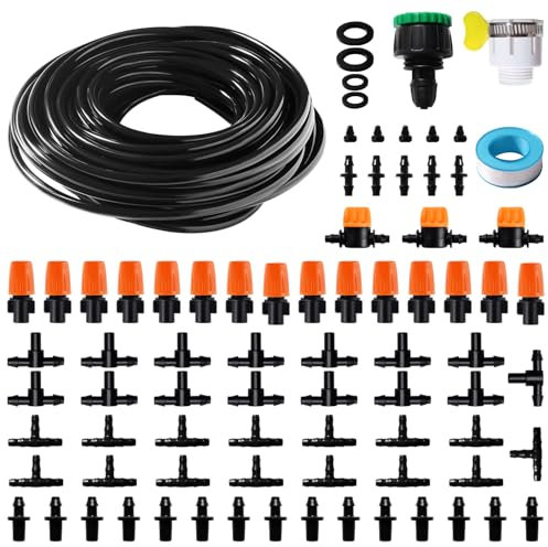 VooGenzek 81 Pezzi 4/6 mm Kit Irrigazione a Goccia, 15m Tubo Irrigazione, Kit fai da te Sistemi di Irrigazione, con Giunti a Barbe Dritte, Connettori a T, Tappi Terminali, per Aiuola