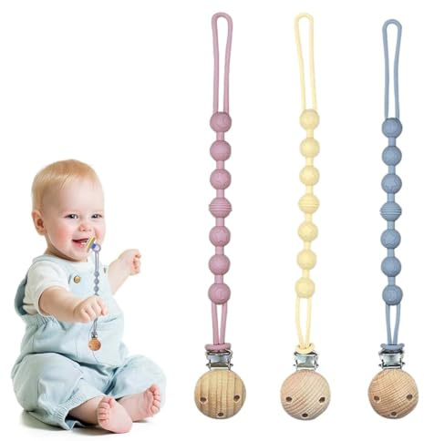 KYLOS Cadena Para Chupete De Silicona 2 En 1, Soporte Para Chupete Y Juguete Mordedor En Diseño De Una Pieza, Cinta Para Chupete Para Bebés, Niñas Y Niños, Sin Bpa, Paquete De 3 Unidades