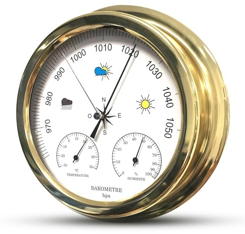 FISHTEC Barómetro Mecánico Analógico Elegante con Termómetro e Higrómetro - Marco Dorado 22,5 cm - Pronóstico del Tiempo por Presión Atmosférica