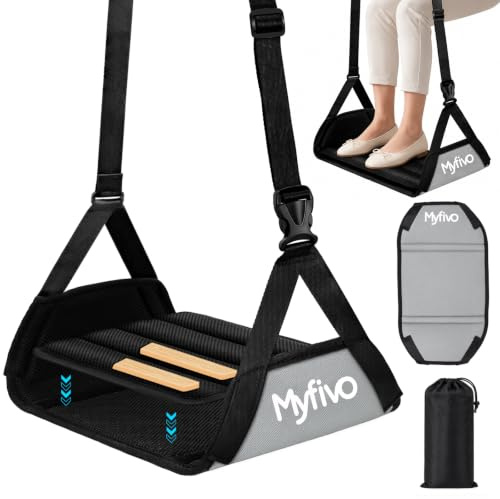 Myfivo Repose-pieds d'avion, hamac de voyage portable, réglable, avec mousse à mémoire de forme et planche de support en bambou, antidérapant, respirant, pour avion, voiture, bureau