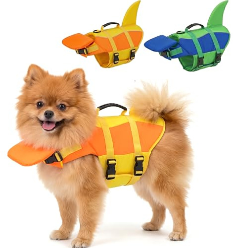 SMALLLEE_LUCKY_STORE Söt haj hund flytväst för små medelstora hundar, säkerhet flytväst med främre haka flyta och räddningshandtag hög flytkraft valp flytande badväst, gul, M