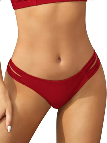 SHEKINI Bikini Bottoms Strappy Low Rise Brazilian Thong Sexy Swim Bottom for Women, Rose Red, Large