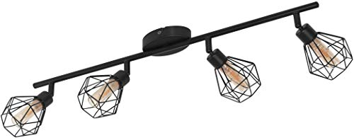 Eglo Lámpara de techo Zapata 1, lámpara vintage de techo con 4 luces en estilo retro, foco de techo de acero, color negro, vidrio ámbar, casquillo G9