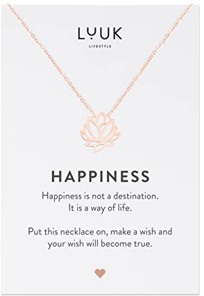 LUUK LIFESTYLE Collana in filigrana in acciaio inossidabile con design raffinato, con ciondolo Fior di loto e cartolina HAPPINESS, idea regalo, rosa