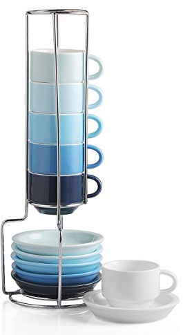 Sweejar Home Juego de 6 tazas y platillos de porcelana para expreso, apilables, con soporte de metal, 70 ml, para café con leche, café, moca, té, juego de 6 unidades
