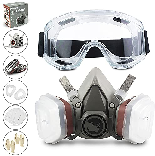 RHINO Smart Solutions Atemschutzmaske Gase Dämpfe | Gasmaske mit A1P2 Filter für Lackier, Feinstaub, Arbeitein, Schleifen | Staubmasken, Handschuhe, Schutzbrille, Patronen und Staubfilter