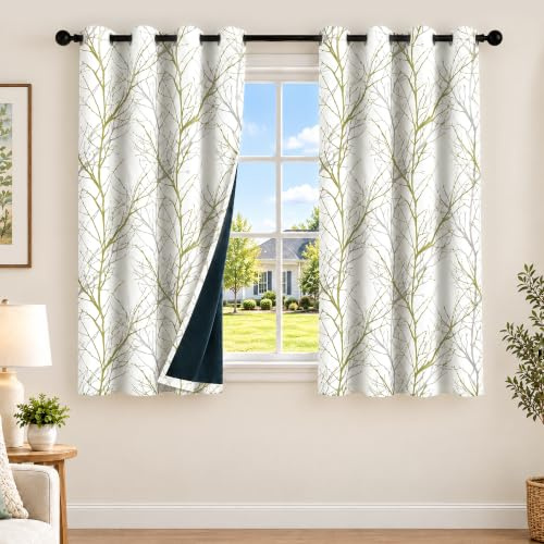 FMFUNCTEX Thermal Blackout Eyelet Curtains Bedroom 54 Inch Drop Sage Green | Room Darkening Window Curtains 2 Panels for Living Room, Green on White Tree Branch Pattern Drapes, Noise Reducing, 52W x 54L