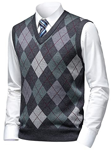 Herothorn Chaleco de Punto para Hombre Argyle Suéter Cárdigan sin Mangas Jersey con Botón Gentleman Clásico Grueso Tank Tops con Cuello en V Otoño Invierno