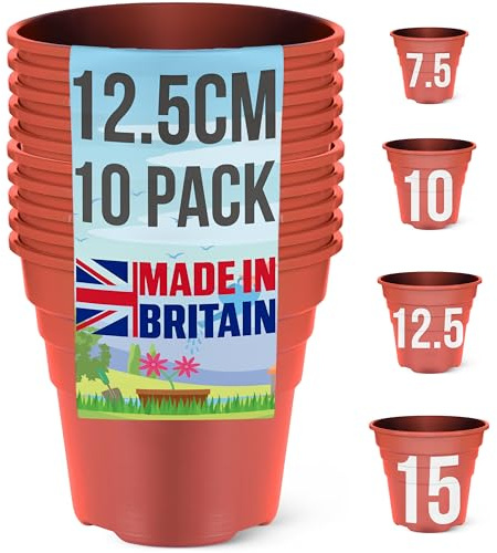 Happy Pots - 12.5cm Gloss Terracotta - Pack of 10 Premium Plastic Plant Pots - Reusable Flower Pots for Indoor/Outdoor Home Décor Gardening - Round, Heavy Duty, UV Resistant, Recyclable - Made in UK