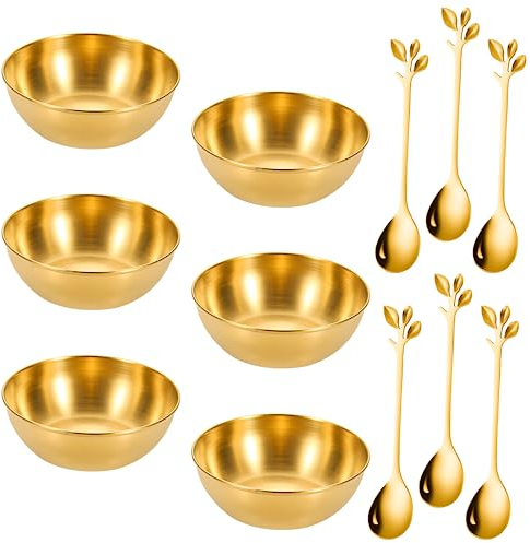 HOMEJOY 6 Piezas Mini Ronda Condimento Platos Tazón de Salsa de Sushi Cuencos Para Salsa Acero Inoxidable y 6 Cucharas para Postre Tapas Sushi Fruta Salsa Frutos Secos