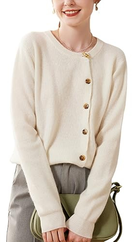 Valin Chaqueta de punto de cachemira para mujer, cuello redondo, manga larga, cárdigan de cachemira de lana de color sólido, chaqueta gruesa relajada, SPR2311, beige, 42