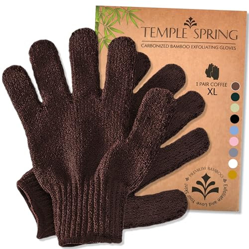 Temple Spring Gant Exfoliant Corps en Bambou, Gant Gommage Corps, Loofah Éponge Douche, Body Scrub Exfoliating Glove, Luffa Éponge Bain, Premium Exfoliating Mitts – Café XL