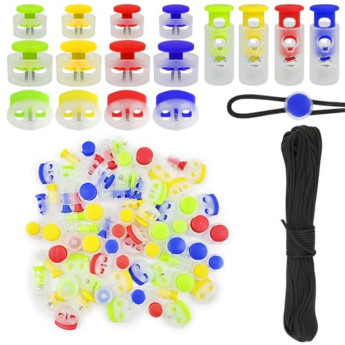 MirraSwit 80 Pcs Colorful Cord Locks+10m Black Cord, 4 Shapes Double Hole Cord Locks, Toggle Stopper Spring for Backpacks Shoelace Sport Clothes Hat, Shoes, Storage Bag, Hammock