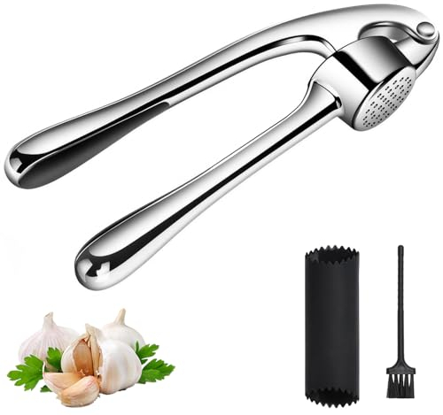 Nutmanel Presse-Ail, Extra fort et Durable Hachoir-Ail, Broyeur de Gingembre, Coupe Ail, Garlic Press avec éplucheur et brosse de nettoyage, ustensiles de cuisine Facile à Utiliser et à Nettoyer