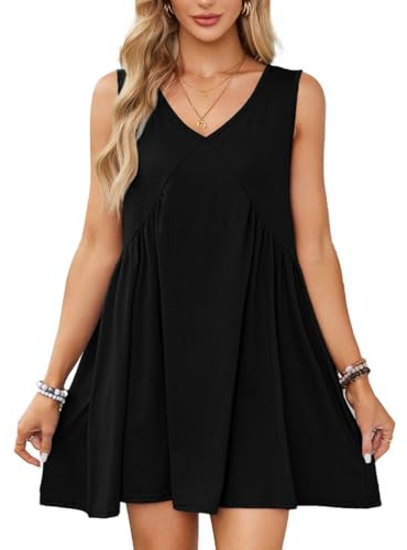 EMOTTOS Minivestido sin Mangas para Mujer, Vestido de Verano con Volantes y Bolsillos, Vestidos de Tirantes con Cuello en V y holgura.(Black-S)