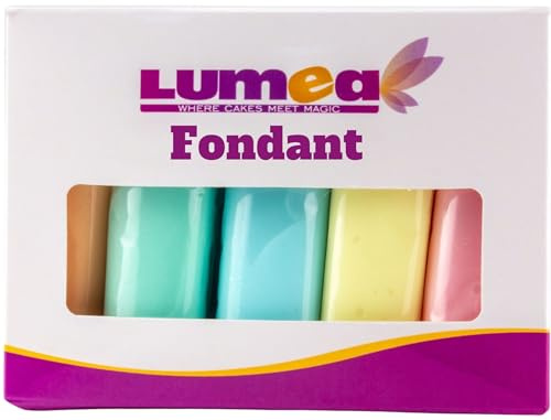 Dekozauber24 Fondant icing multipack, 5 pastel colours, 100g (3.5oz) rolled fondant per color, for cakes, cupcakes and figurines in pastel coloured green, blue, pink, peach and yellow (PASTEL)