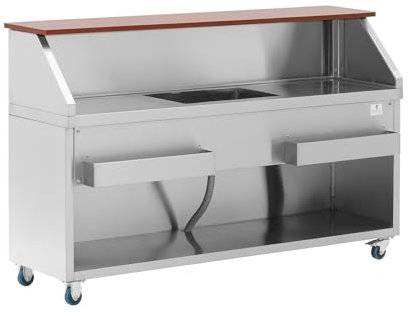 Royal Catering Mobile Cocktail-Station mit Eisbehälter und Flaschenhalter Becken mit Ablauf und 180 cm Langer Anrichte in Holzoptik Cocktailtheke Cocktail Theke Cocktailbar