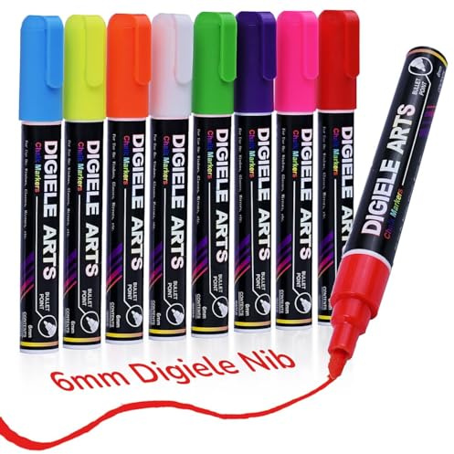 DIGIELE Pennarello Gesso Liquido per Finestra, Vetro e Specchio, 8 Colori Pennarelli, Gesso Liquido 6mm Reversibile Punta Fine Scalpello/Tonda, Asciutto o Bagnato Cancellabili, Inchiostro Non Tossico