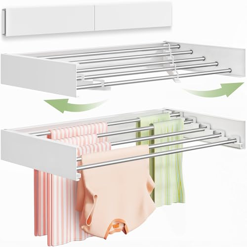 Vikaqi Wall Mounted Clothes Drying Rack 32, Foldable Wall Mount Laundry Rack Folding Indoor, Drying Rack Clothing Collapsible, Hidden Space Saver with Wall Template, 5 Rods, White