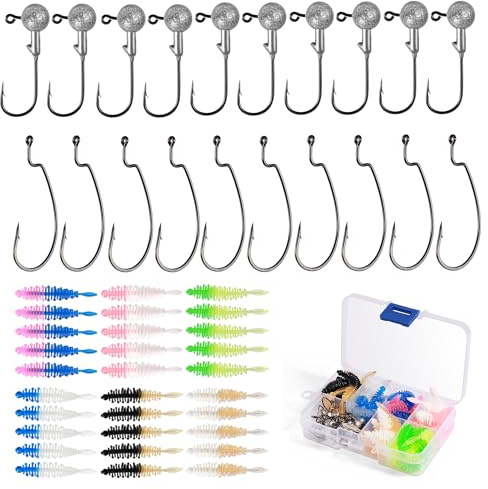 Annyswit 58 Pcs Jig Heads with Soft Plastic Lures, Perch Lures Kit (50 Pcs Jig Heads & Soft Plastic Lures)