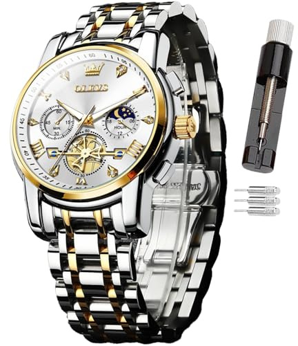 OLEVS Orologio per Uomo, con Codice del Tempo, Cinturino in Acciaio Inox, Impermeabile, Multifunzionale, Sottoquadranti, Orologio da Affari, Quarzo Tondo, Orologi di Lusso per Uomo, Moderno
