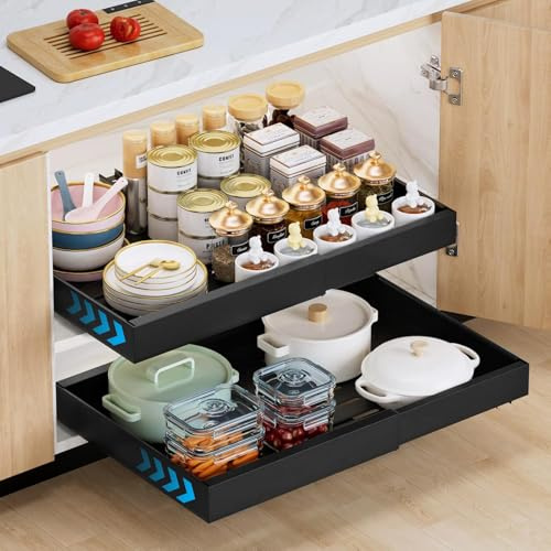 2 Pack Teleskopschublade, Ausziehbare Schubladen für Küchenschränke, Verstellbare Breite 32 cm - 52 cm, Küchenschrank Organizer Ausziehbar mit Nano-Film-Klebebefestigung (Black-2 Pack)